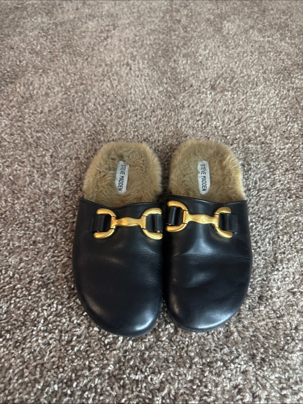Steve Madden Black Leather Fur-Lined Slip-On Mules with Gold Hardware
